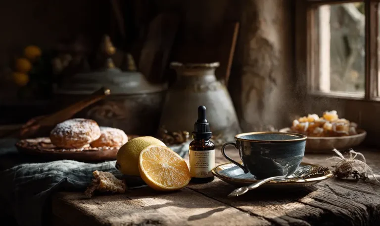 Tasse de thé Earl Grey, bergamote tranchée et huile essentielle