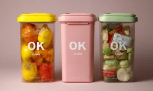 Trois bacs de tri d’aliments surgelés marqués OK, À cuire, À jeter