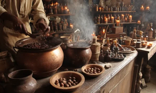 Scène d’apothicaire médiéval à Verdun enrobant des amandes, évocation de l’origine historique des dragées au XIIIe siècle