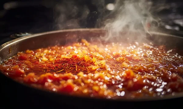 Gros plan du sofrito tomate-oignon-ail au pimentón avec pistils de safran qui infusent dans l’huile d’olive