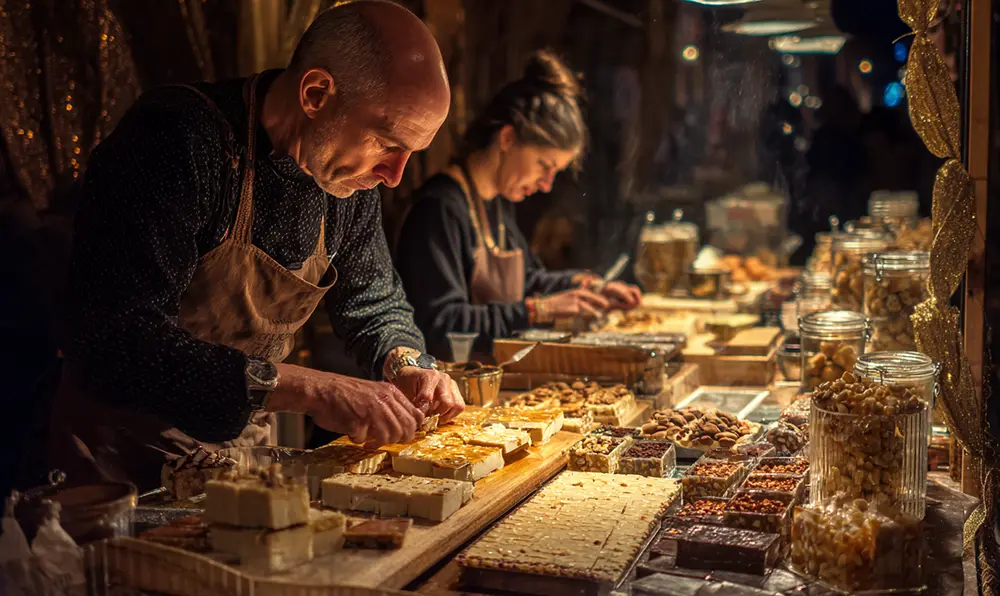 Scène de marché à Alicante avec artisans du Turrón, amandes Marcona et étals illuminés