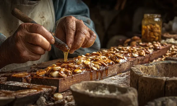 Gros plan sur boixets broyant les amandes grillées avec le miel pour un Turrón de Jijona onctueux