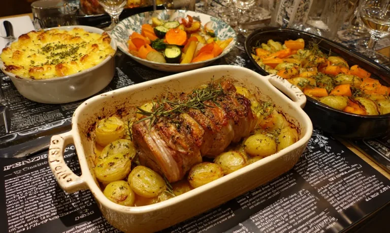 Rôti de porc doré entouré de gratin dauphinois, pommes de terre croustillantes et légumes de saison
