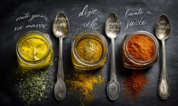 Triptyque de bols illustrant trois marinades : citron-herbes, soja-miel-gingembre et paprika fumé-cassonade