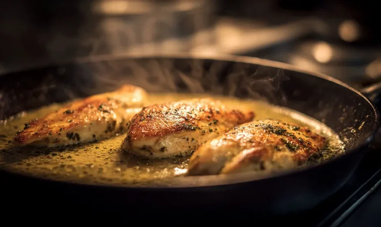 Aiguillettes de poulet saisies à la poêle au beurre noisette et huile d’olive, dorure Maillard