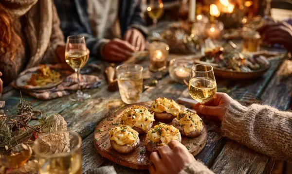 Scène conviviale d’un apéritif avec champignons farcis au fromage et persil