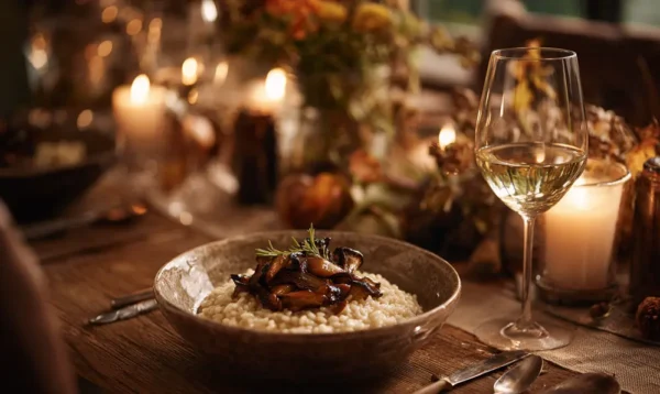 Plat de risotto garni de champignons trompettes de la mort sautés, servi avec un verre de vin blanc