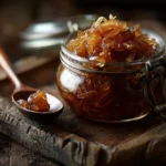 Bocal de confit d’oignons maison doré, posé sur une planche en bois