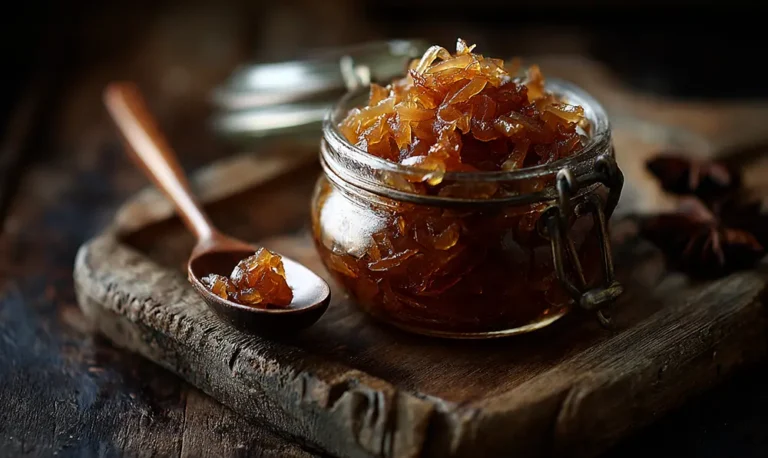 Bocal de confit d’oignons maison doré, posé sur une planche en bois
