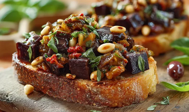 Still life de caponata sur pain grillé, aubergine, câpres et basilic