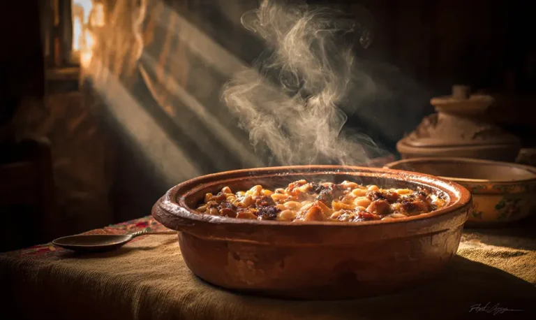 Cassoulet dans une cassole en terre cuite, plat emblématique du Lauragais