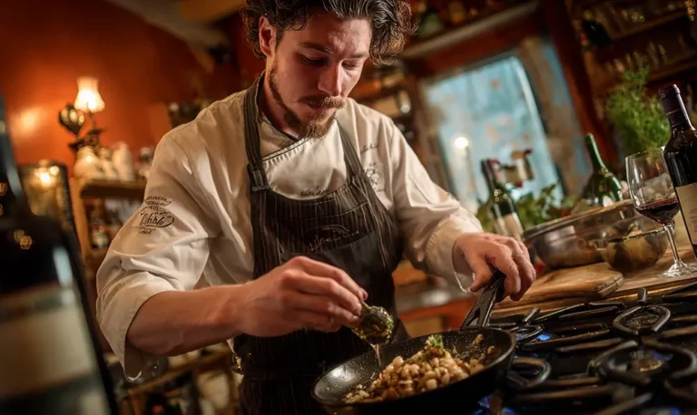 Chef préparant la sauce Madère avec échalotes caramélisées et vin de Madère