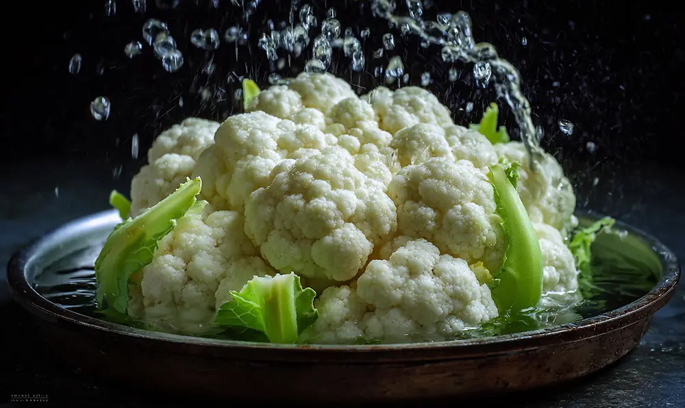 Illustration d’un chou-fleur blanc éclatant dans une eau bouillante avec filet de citron