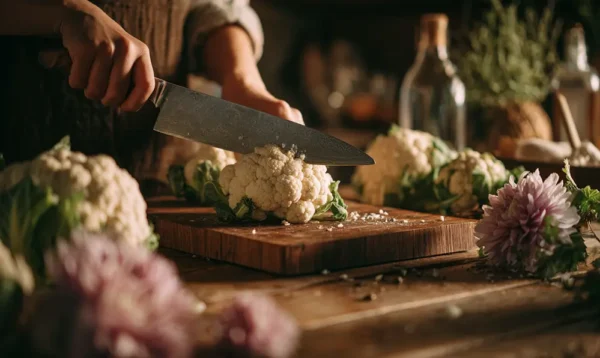 Main en train de piquer des bouquets de chou-fleur pour vérifier la cuisson
