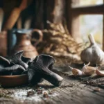 Champignons trompettes de la mort posés sur une table en bois avec herbes fraîches