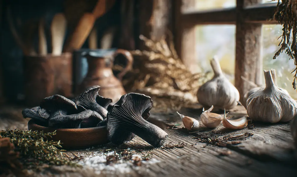 Champignons trompettes de la mort posés sur une table en bois avec herbes fraîches