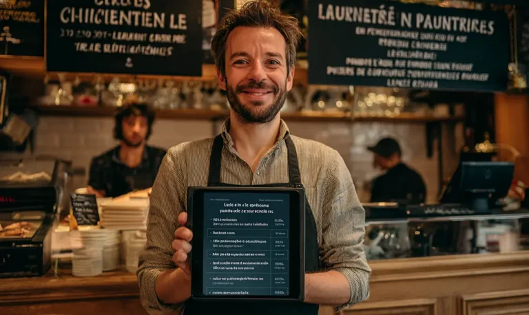 Chef en cuisine utilisant une tablette avec tickets numériques synchronisés pour un service fluide