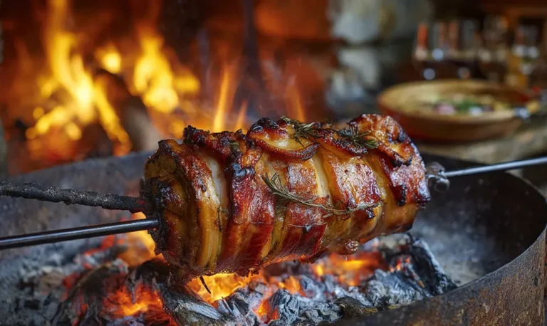 Cochon de lait rôti à la broche sur feu de bois, convives joyeux autour du cochon