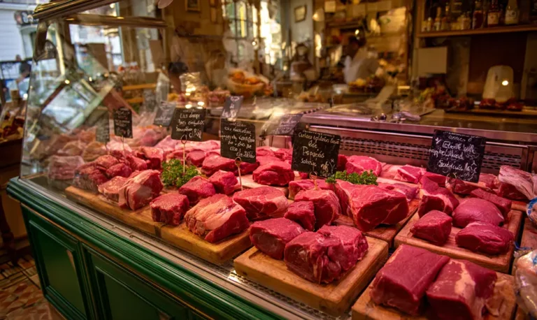 Présentation des morceaux de bœuf sur un étal de boucherie avec persillage visible