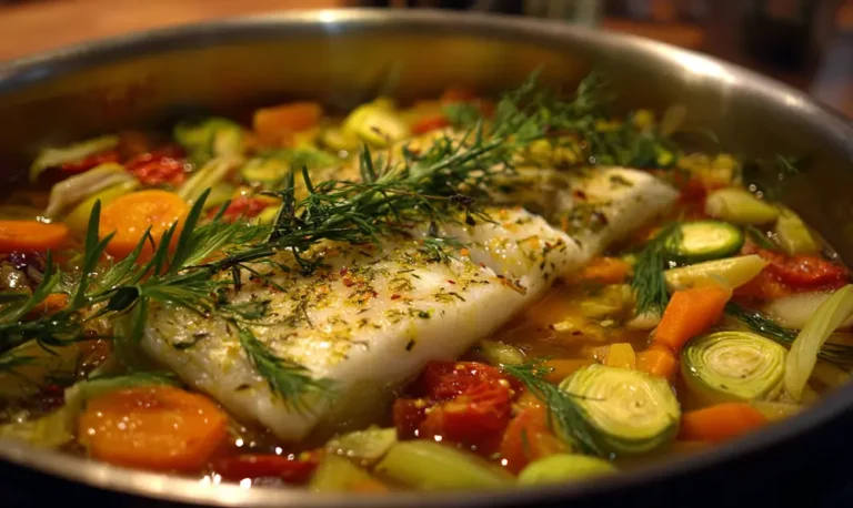 Filet de poisson blanc poché dans un court‑bouillon aromatique avec légumes et herbes, ambiance chaleureuse
