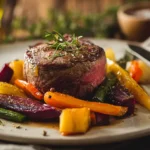 Assiette de filet mignon accompagné de carottes et panais rôtis