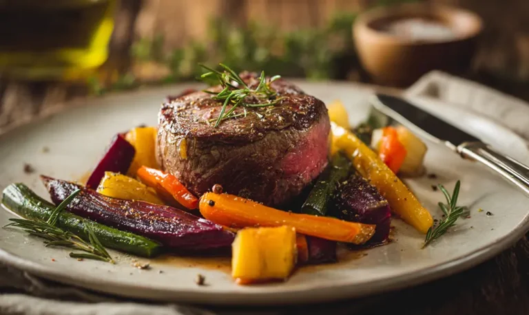 Assiette de filet mignon accompagné de carottes et panais rôtis