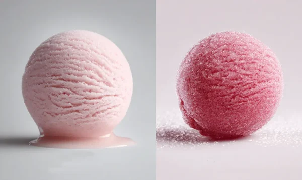 Comparatif visuel entre glace framboise crémeuse et sorbet framboise léger