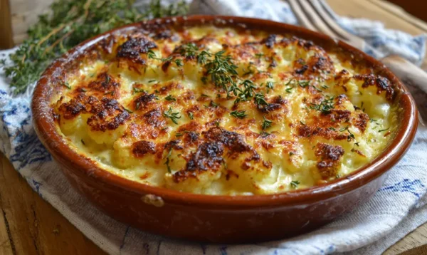Gratin de chou-fleur doré, texture fondante dans un plat rustique