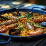 Grande paella fruits de mer au riz Bomba, socarrat croustillant, crevettes, moules et calamars, lumière méditerranéenne