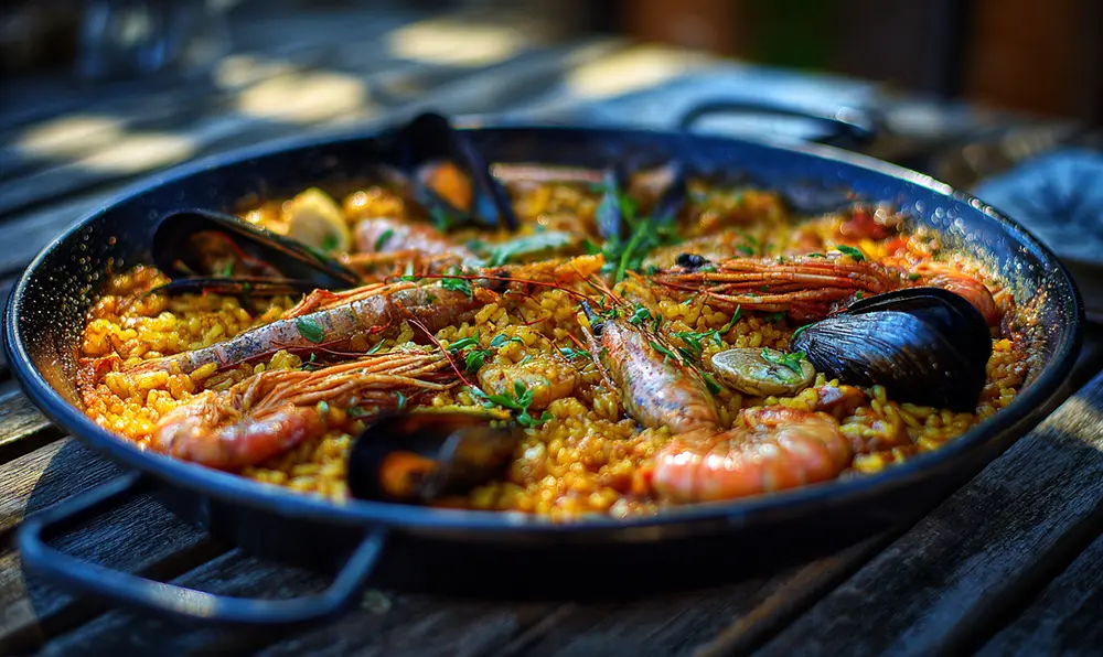 Grande paella fruits de mer au riz Bomba, socarrat croustillant, crevettes, moules et calamars, lumière méditerranéenne
