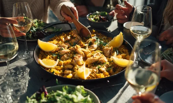 Paella au centre de la table, mains qui servent, quartiers de citron, verres d’Albariño et salade verte
