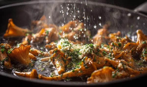 Champignons trompettes de la mort dorés au beurre avec ail et persil dans une poêle chaude