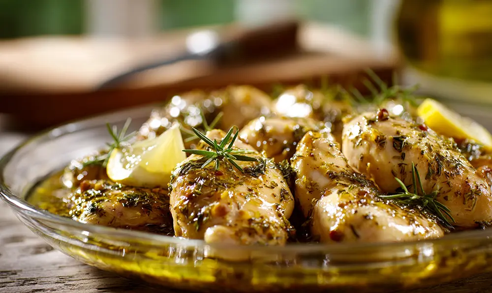Pilons de poulet juteux dans une marinade citron, huile d’olive, ail, thym et romarin en gros plan