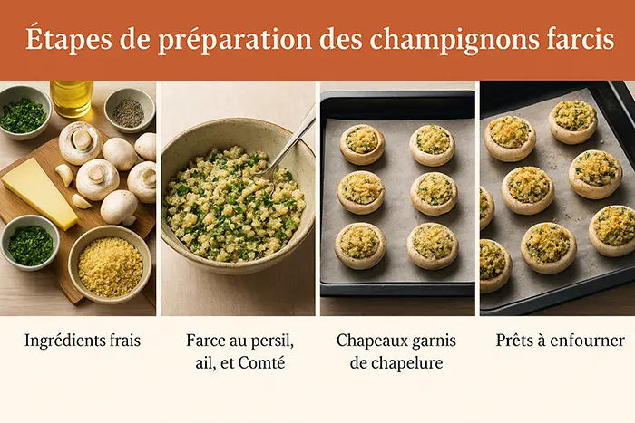 Infographie pas à pas pour préparer des champignons farcis : ingrédients, farce au persil, garniture et cuisson au four.