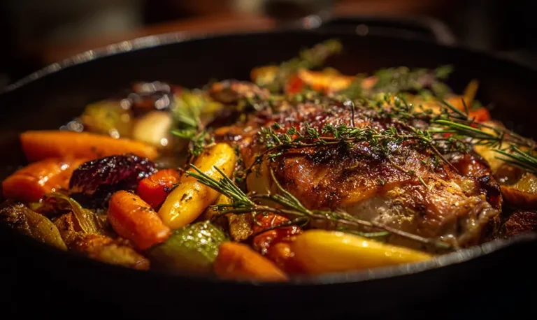 Rôti de lapin doré entouré de légumes et aromates