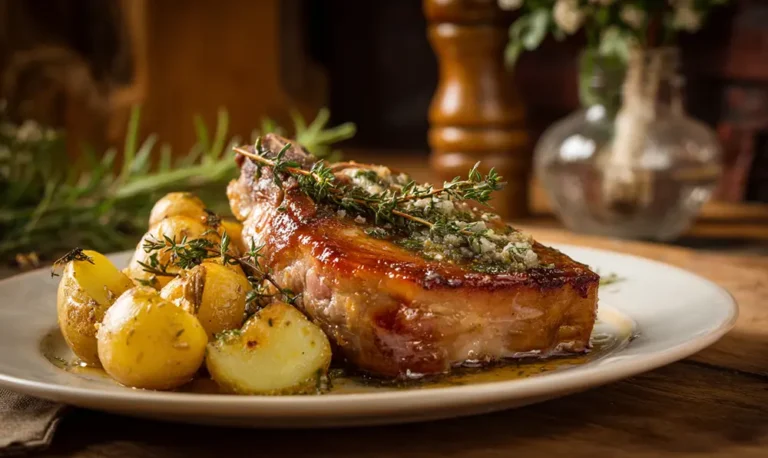 rouelle de porc dorée accompagnée de pommes de terre et herbes