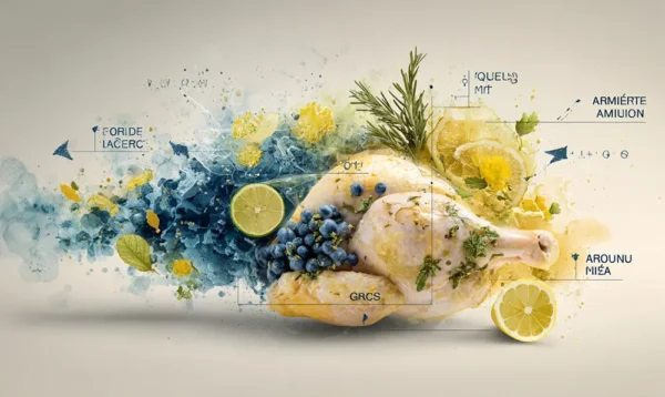 Schéma montrant l’action de l’acide, du gras et des aromates qui pénètrent la chair du poulet