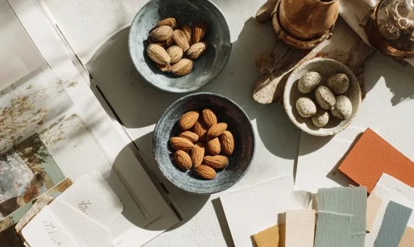 Vue à plat d’amandes Avola, Lérida et de Provence avec dragées aux différents pourcentages d’amande pour évaluer la qualité