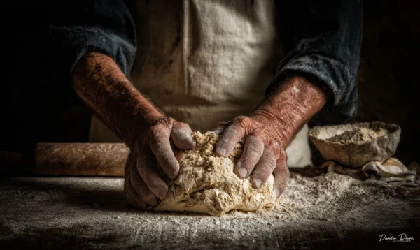 Gros plan sur les mains d’un boulanger travaillant une pâte naturelle dans une ambiance artisanale