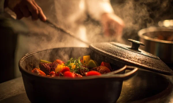 Chef préparant un axoa de bœuf dans une cocotte avec poivrons et oignons colorés