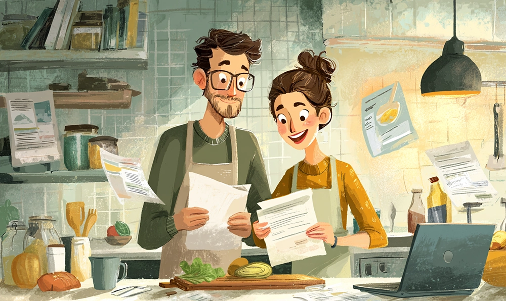 Couple consultant Promoconso pour comparer les promotions en ligne depuis leur cuisine