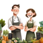 Max et Lucie explorent un marché coloré rempli de fruits et légumes en K comme le kaki, le kiwi et le kale