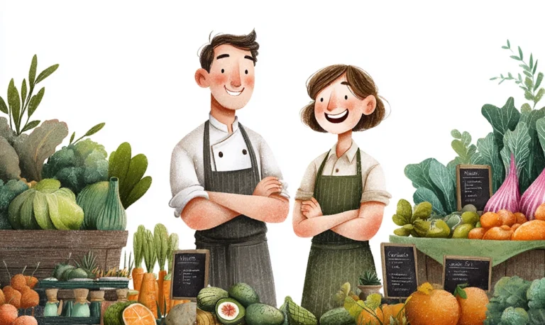 Max et Lucie explorent un marché coloré rempli de fruits et légumes en K comme le kaki, le kiwi et le kale