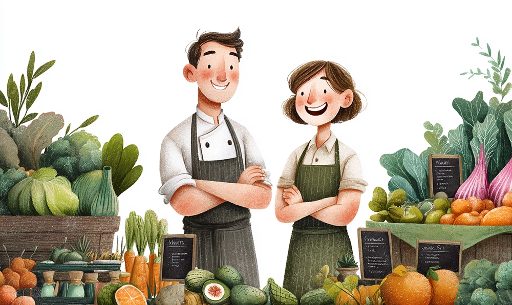 Max et Lucie explorent un marché coloré rempli de fruits et légumes en K comme le kaki, le kiwi et le kale