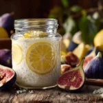 Bocal de kéfir maison en préparation avec citron, figues et grains fermentés sur une table en bois
