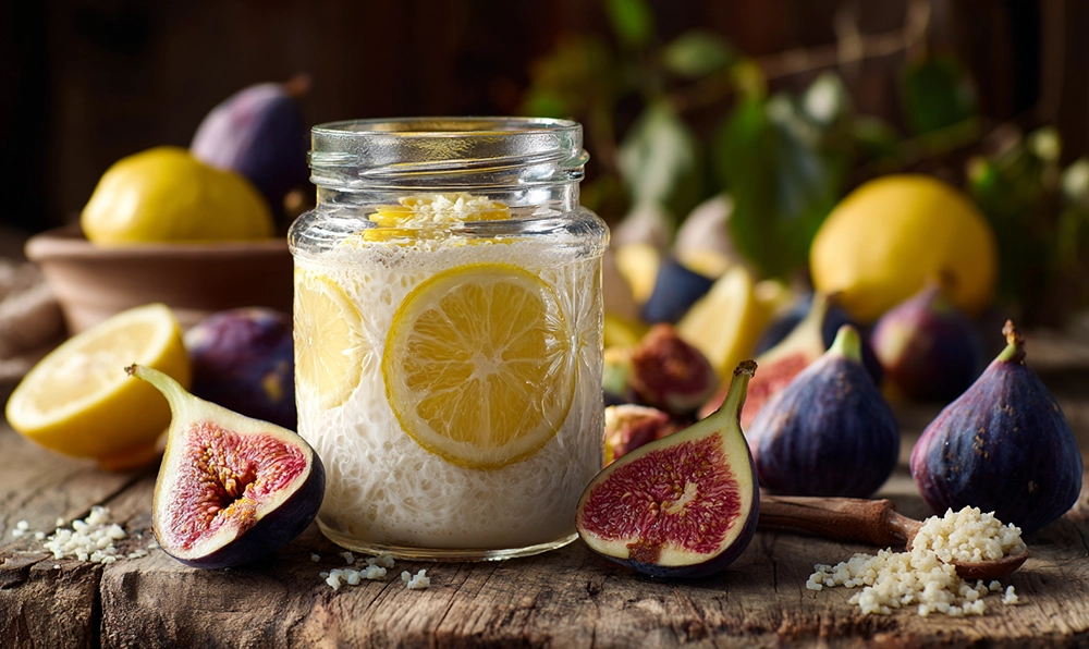 Bocal de kéfir maison en préparation avec citron, figues et grains fermentés sur une table en bois