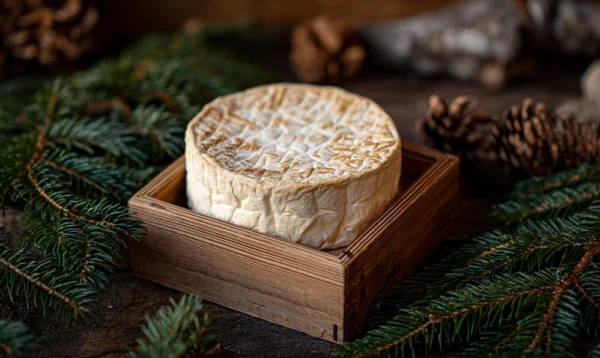Mont d'Or artisanal du Jura dans sa boîte en bois, entouré de branches d’épicéa