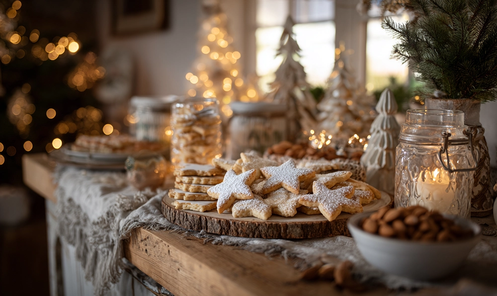 Biscuits sablés de Noël à l’amande sur une table rustique décorée