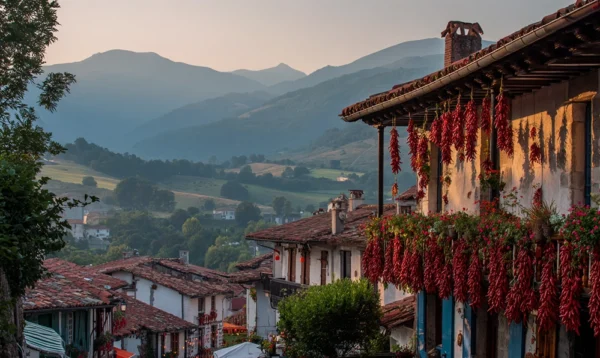 Vue du village d’Espelette au coucher du soleil avec ses piments rouges emblématiques