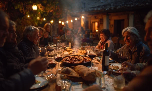 Grande tablée basque partageant un axoa de veau et du vin rouge Irouléguy